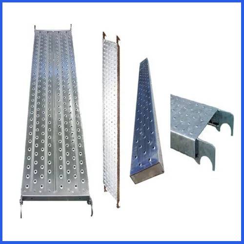 Perforated mild steel scaffolding walkway plank with corner hooks